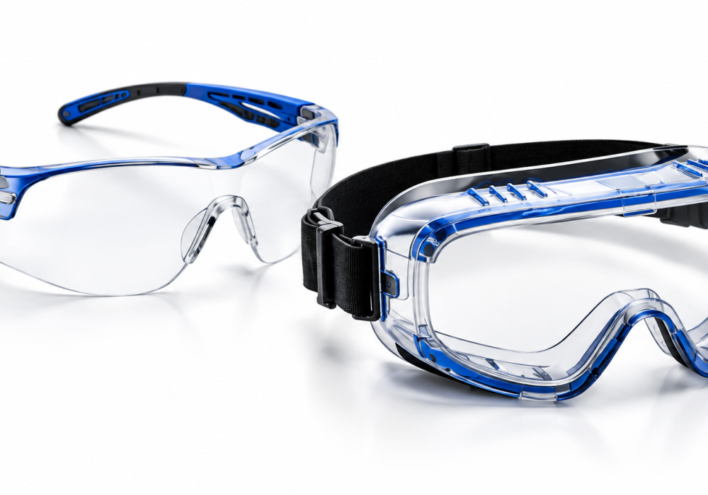 Protective eyewear including industrial safety glasses and goggles with blue frames
