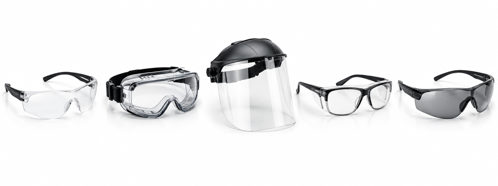 Protective eyewear including industrial safety glasses and goggles